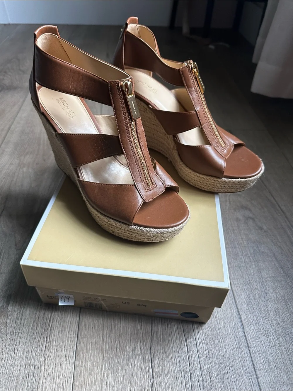 Michael Kors Tan Brown Leather Zip-Front Espadrille Wedge Sandals